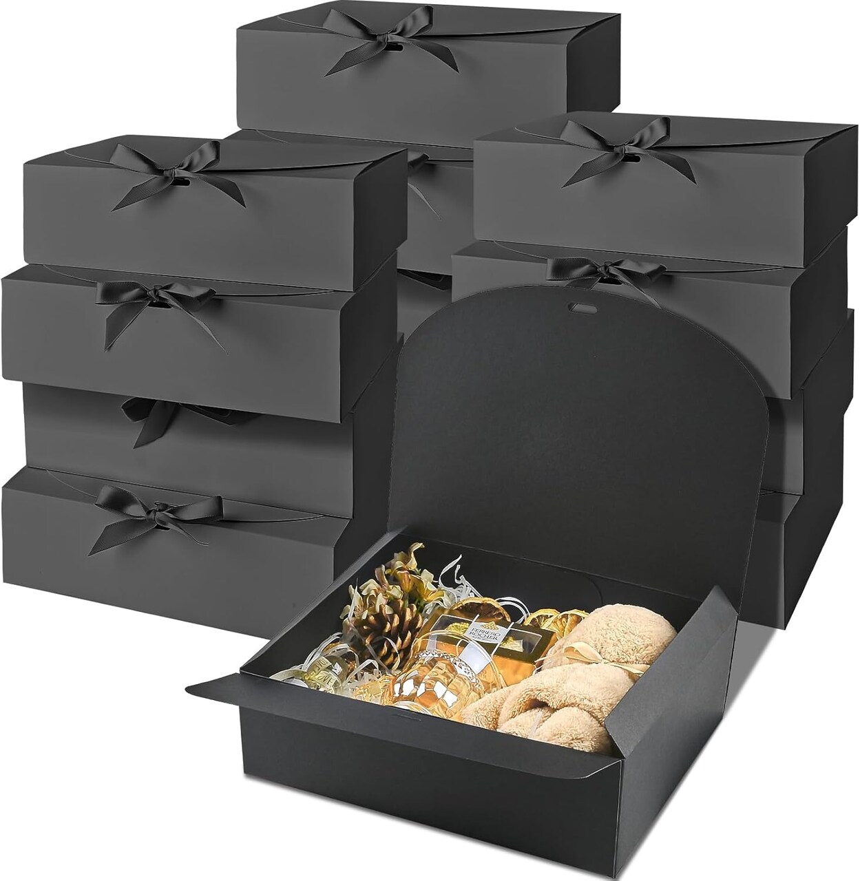 12-Pack Black Gift Boxes with Lids – 10.6"x7.8"x3.1" | Includes Ribbon for Bridesmaid, Wedding, Birthday, Baby Shower & Holiday Gifts (Black)